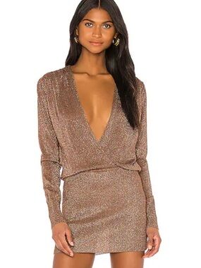 superdown Aura Mini Dress Mocha Metallic Sparkle Knit Deep V Revolve S
